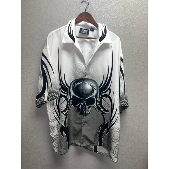 Y2K Dragonfly Button Up Shirt Skull Tribal White Black Missing Button 2000s 2XL - Picture 1 of 13